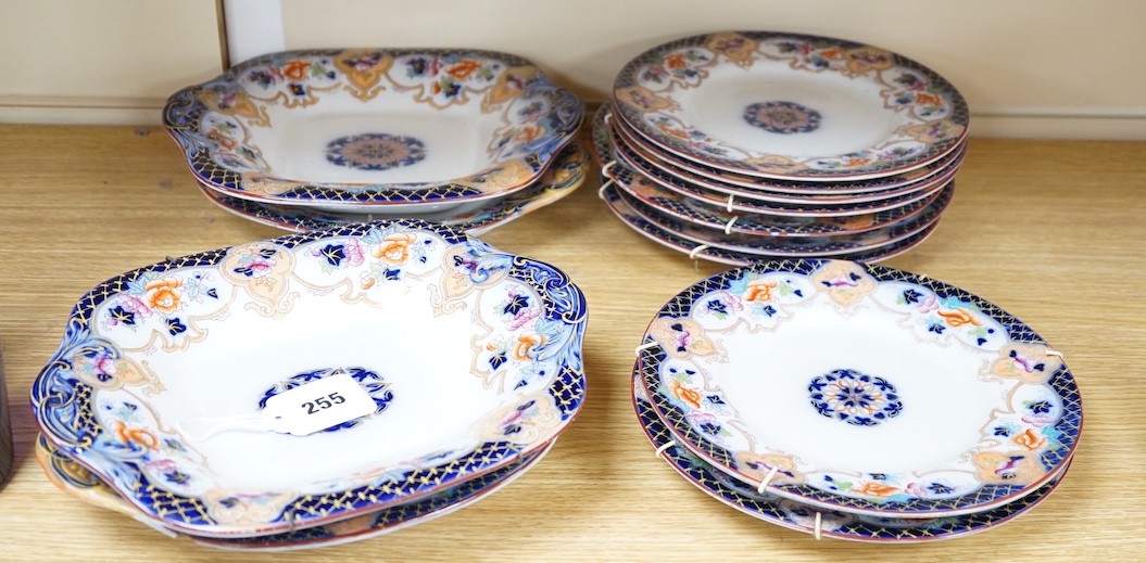 A mid 19th century English ironstone part dessert service, comprising four comports and nine plates, comports 27.5cms wide